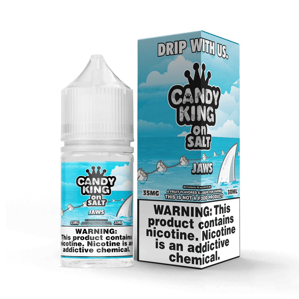 Jaws SALT e-liquid by Candy King in a 30mL bottle, featuring vibrant packaging and the product label.