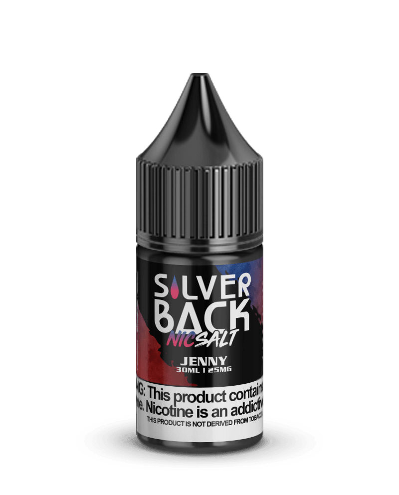 Silverback Juice Co. Jenny SALT e-liquid 30mL bottle with silver label and dropper cap, designed for vaping.