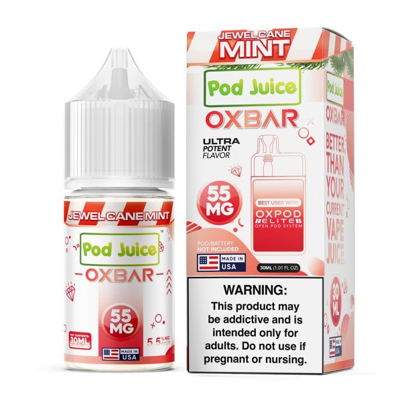 Jewel Cane Mint Salt e-liquid by Pod Juice in 30mL bottle, featuring vibrant mint and sweet candy flavor with nicotine salt.