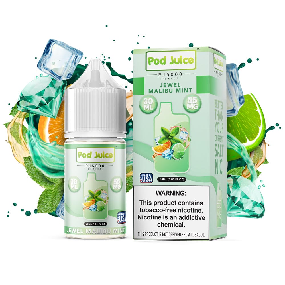 Jewel Malibu Mint Pod Juice SALT e-liquid bottle, 30mL with mint flavor, designed for vaping devices.