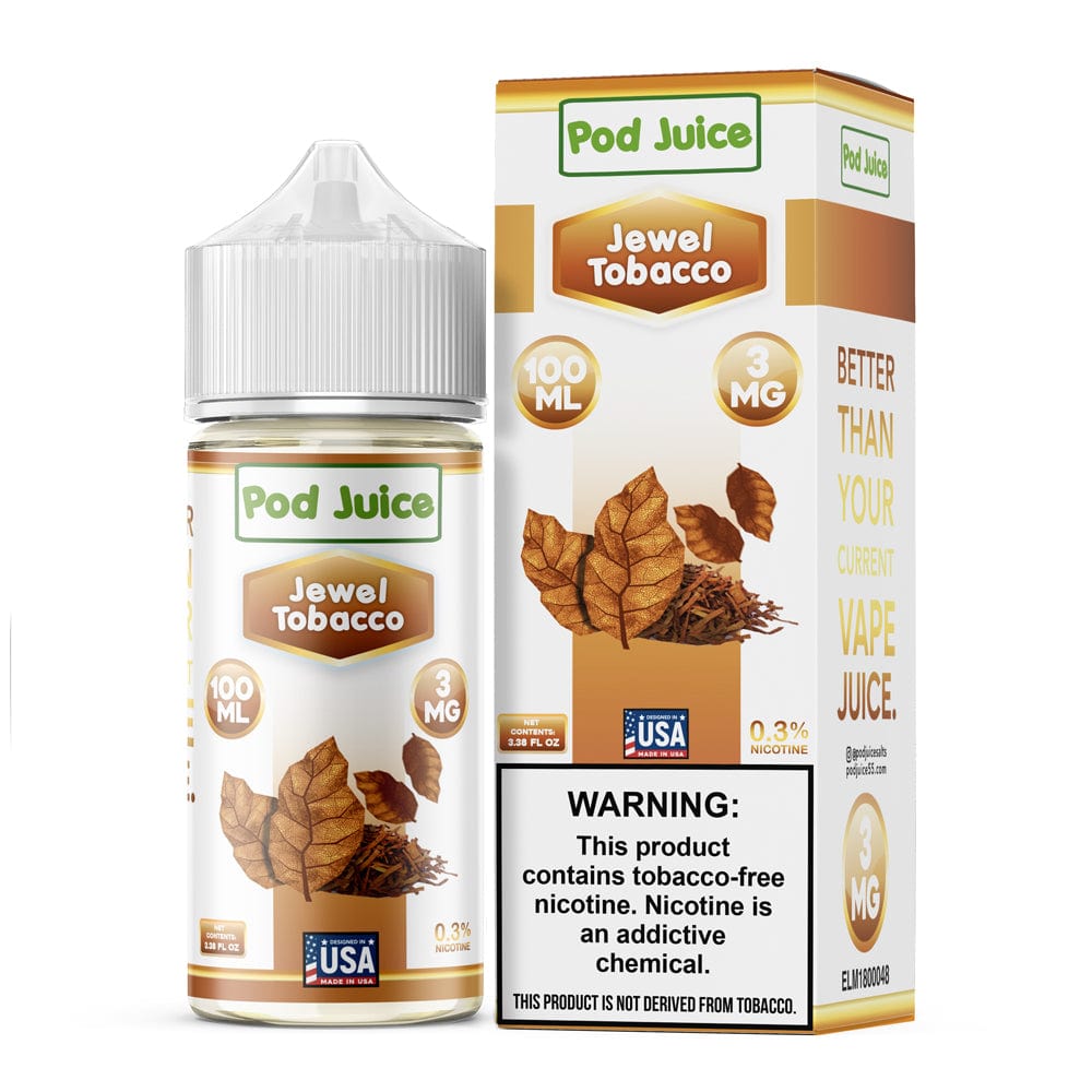 Jewel Tobacco Pod Juice e-liquid 100mL bottle with a sleek label, featuring tobacco flavor branding from Pod Juice.