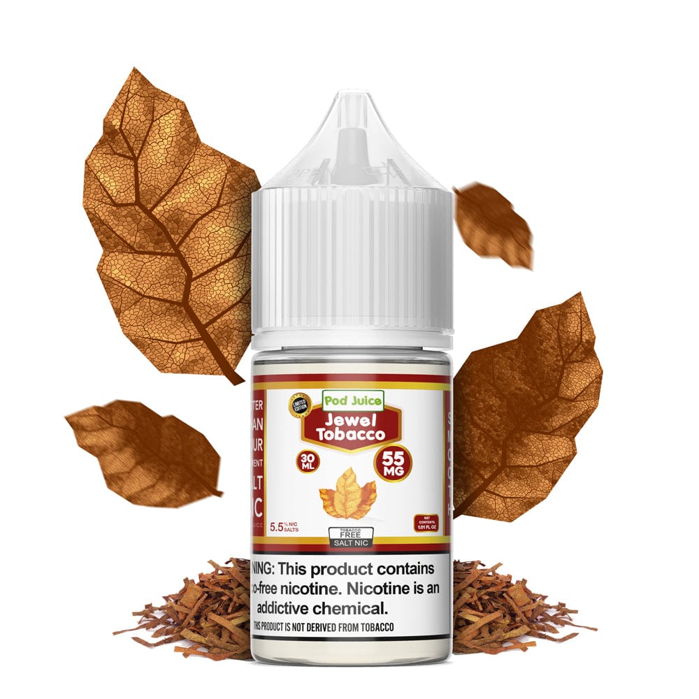 Jewel Tobacco SALT e-liquid by Pod Juice in 30mL bottle, featuring tobacco flavor with salt nicotine for smooth vaping.
