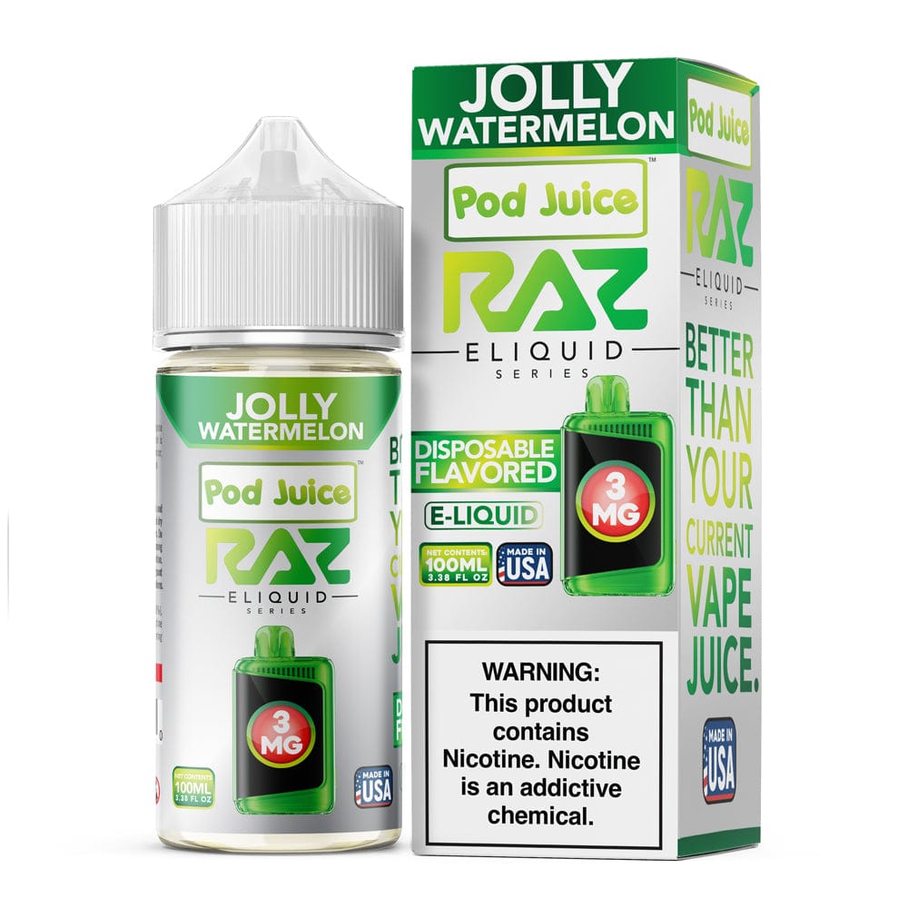 Jolly Watermelon Pod Juice x Raz E-Liquid 100mL bottle with colorful watermelon and juice branding for vaping.