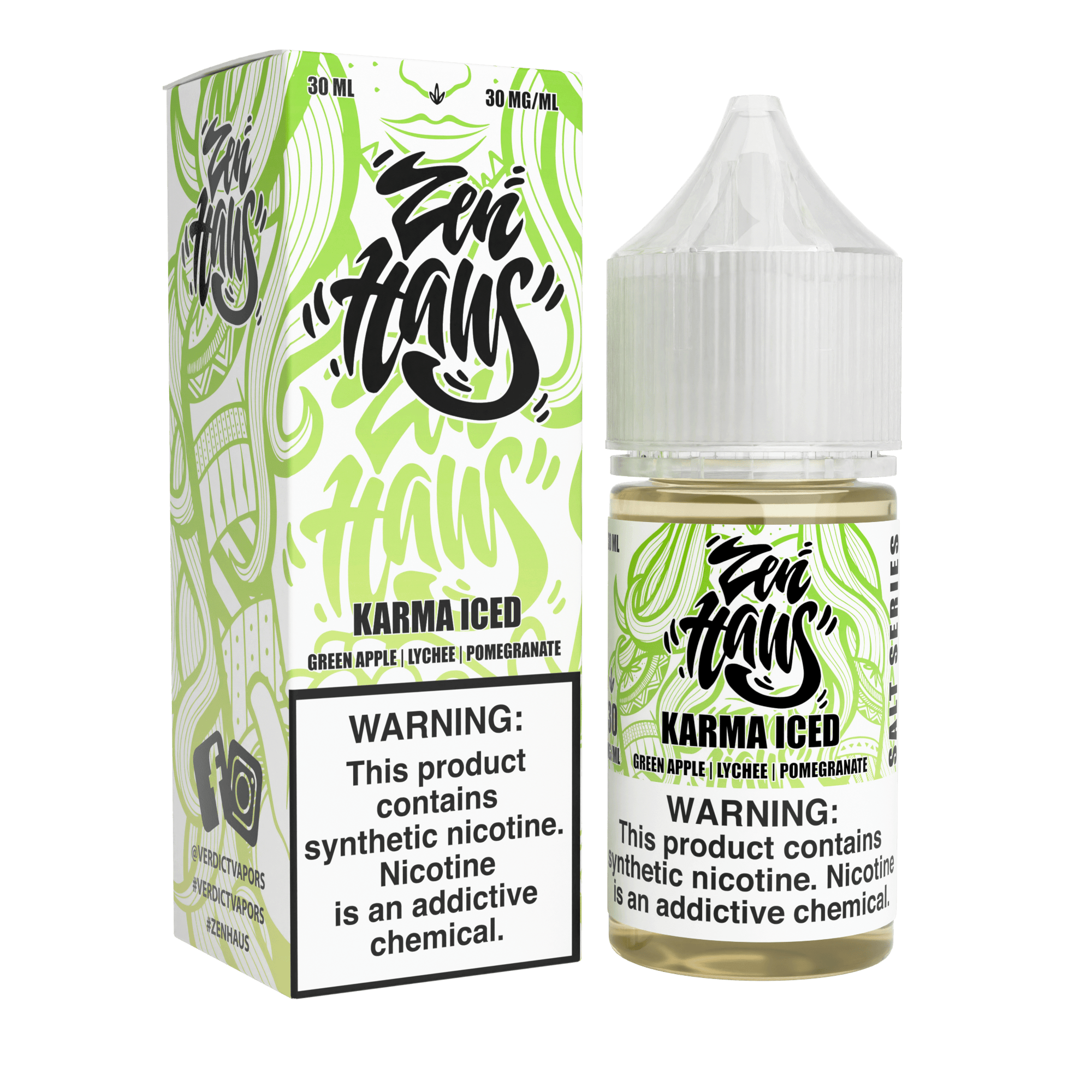 Zen Haus Karma ICED SALT nicotine salt e-liquid bottle, 30mL with icy mint flavor and 30mg nicotine strength.