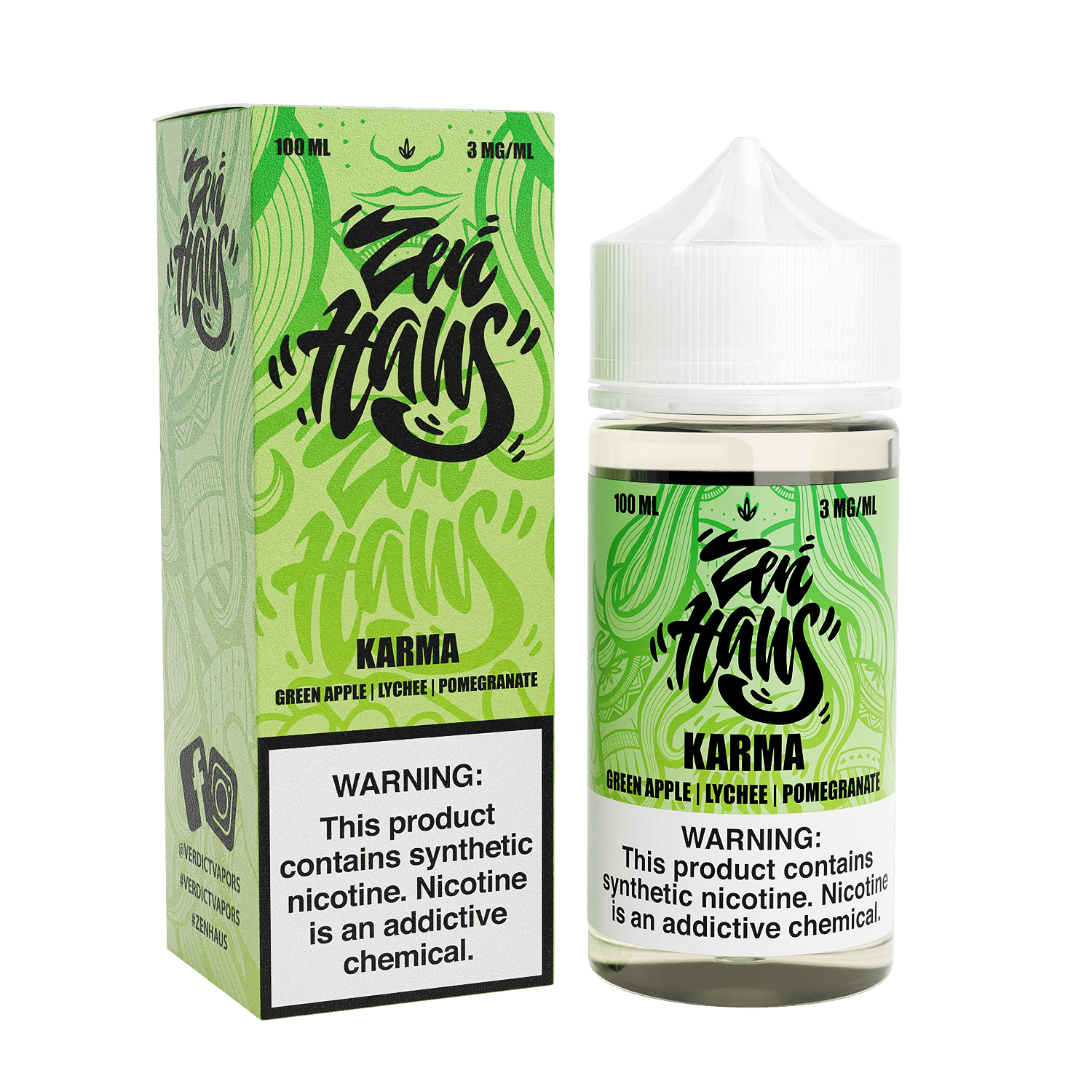 Bottle of Zen Haus Karma vape juice, 100mL size with 3mg nicotine, featuring sleek packaging and clear labeling.