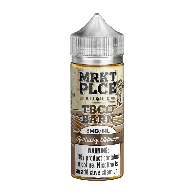 Kentucky Tobacco MRKT PLCE e-liquid bottle, 100mL size with dark tobacco flavor, for vaping devices.