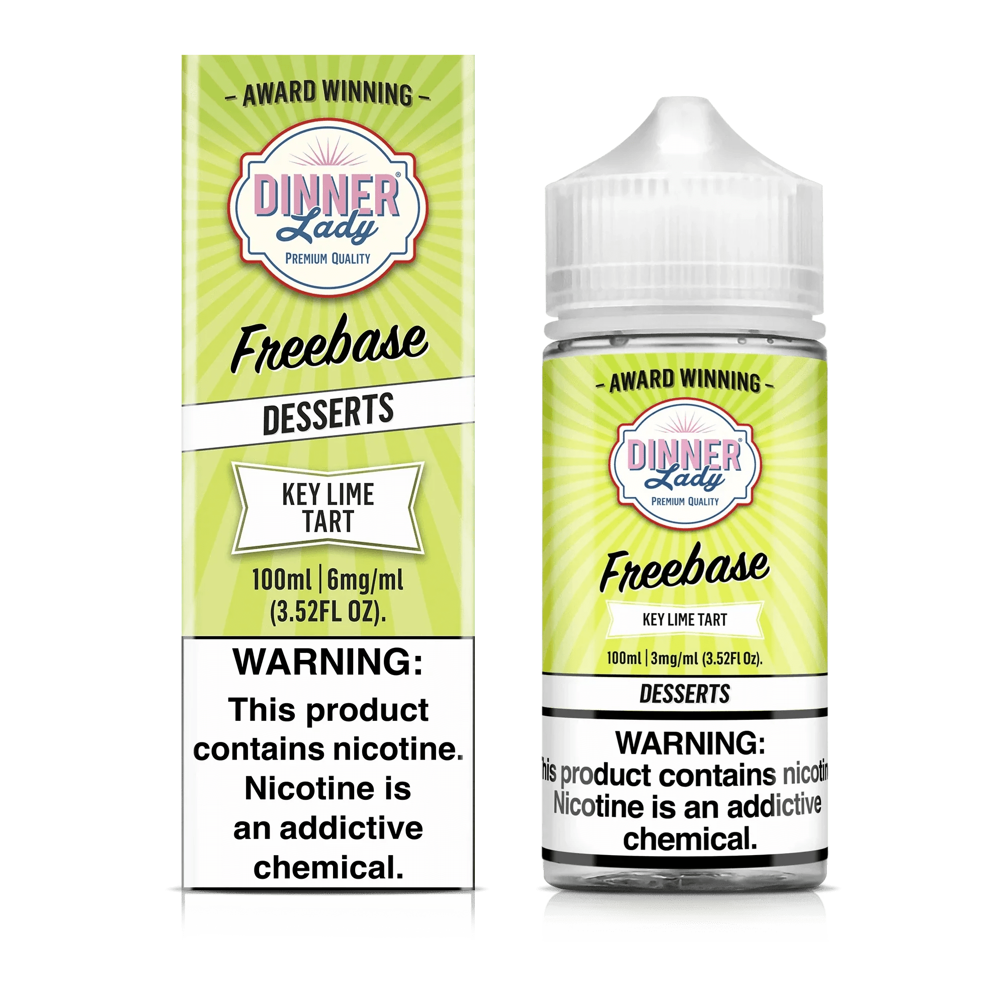 Bottle of Dinner Lady Key Lime Tart e-liquid, 100mL, with vibrant label featuring key lime tart flavor and colorful design.