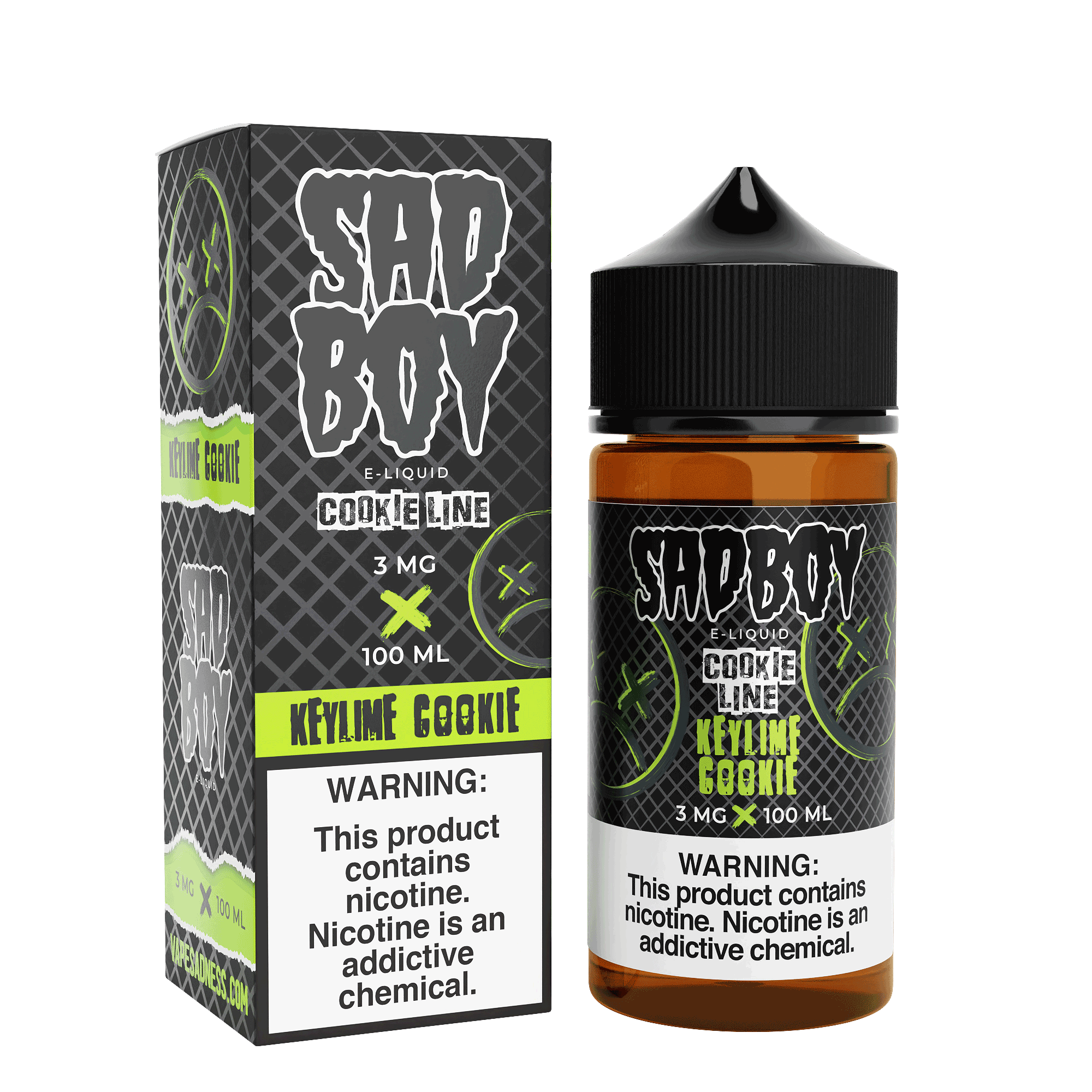Sadboy Keylime Cookie e-liquid bottle, 100mL, featuring a colorful label with key lime and cookie graphics for vaping.