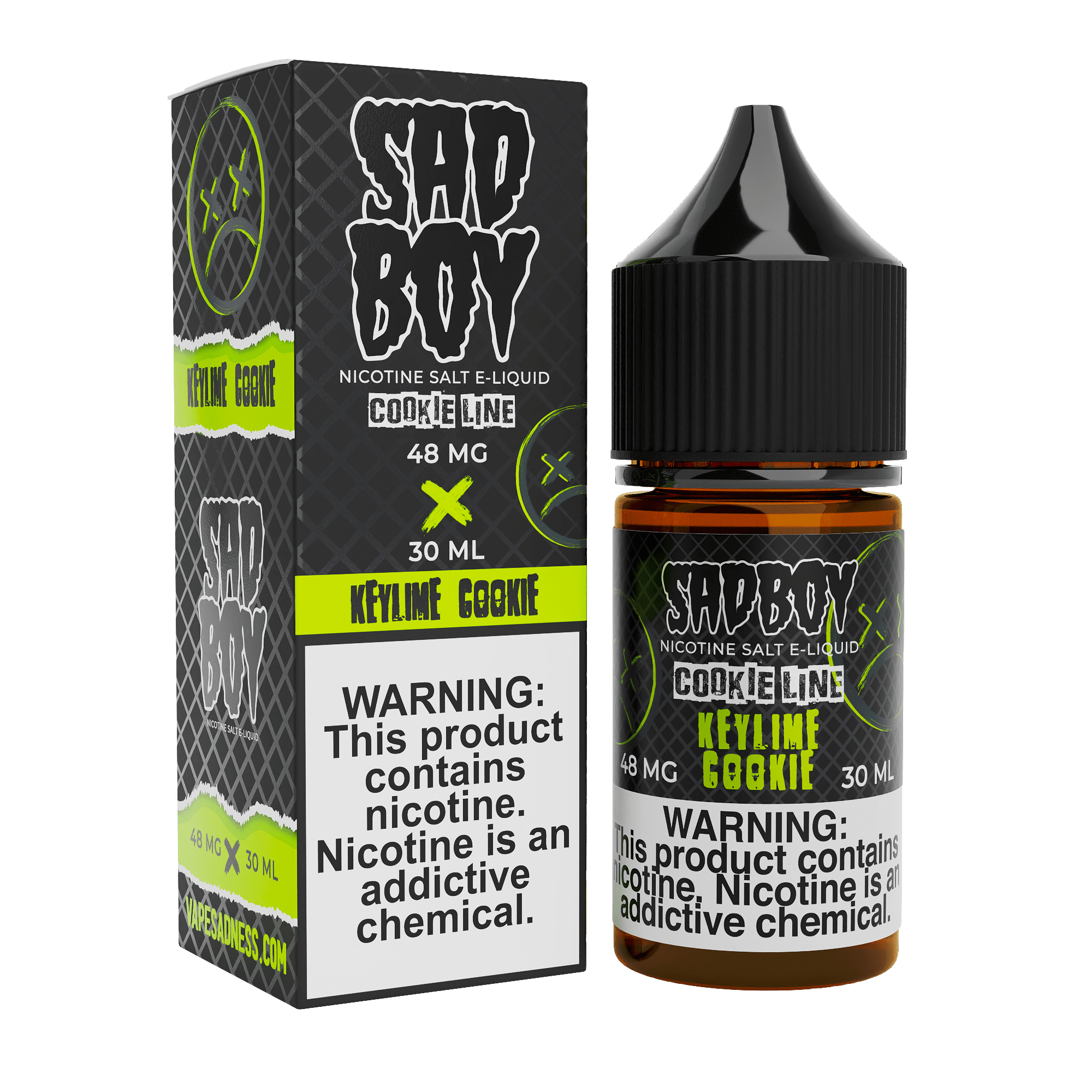 Sadboy Keylime Cookie Salt E-liquid bottle with colorful label, 30ml size, featuring key lime and cookie flavor elements.