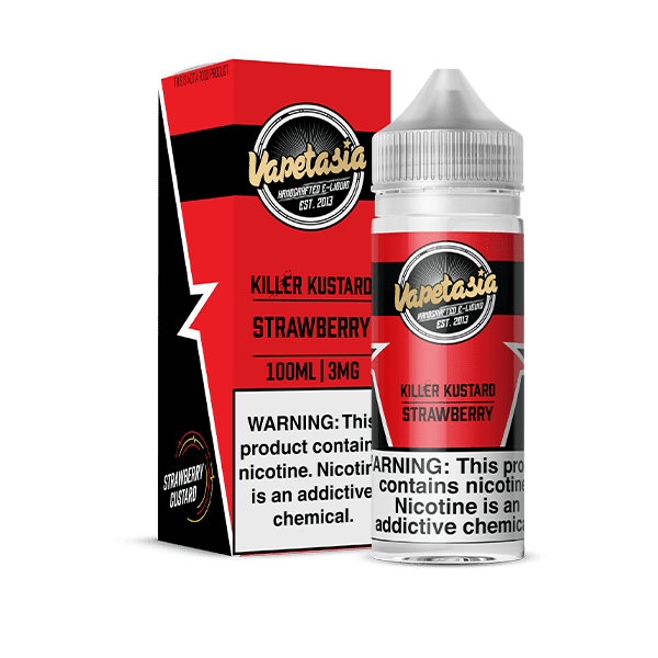 Vapetasia Killer Kustard Strawberry e-liquid 100ml bottle with creamy custard and fresh strawberry flavor, vaporizer-friendly vape juice