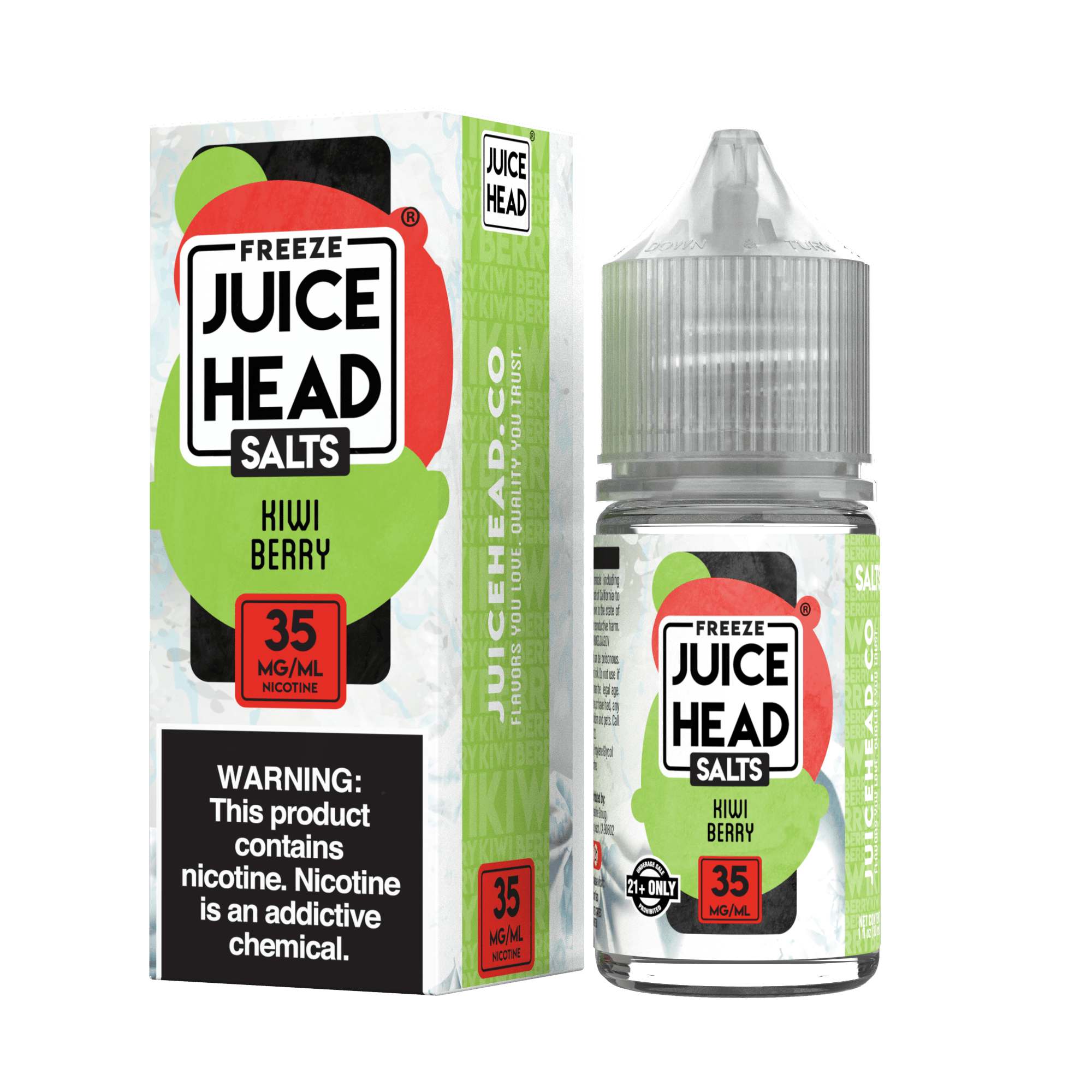 Juice Head Kiwi Berry Freeze Salt E-liquid bottle, 30mL, featuring a vibrant label with kiwi and berry flavor images.