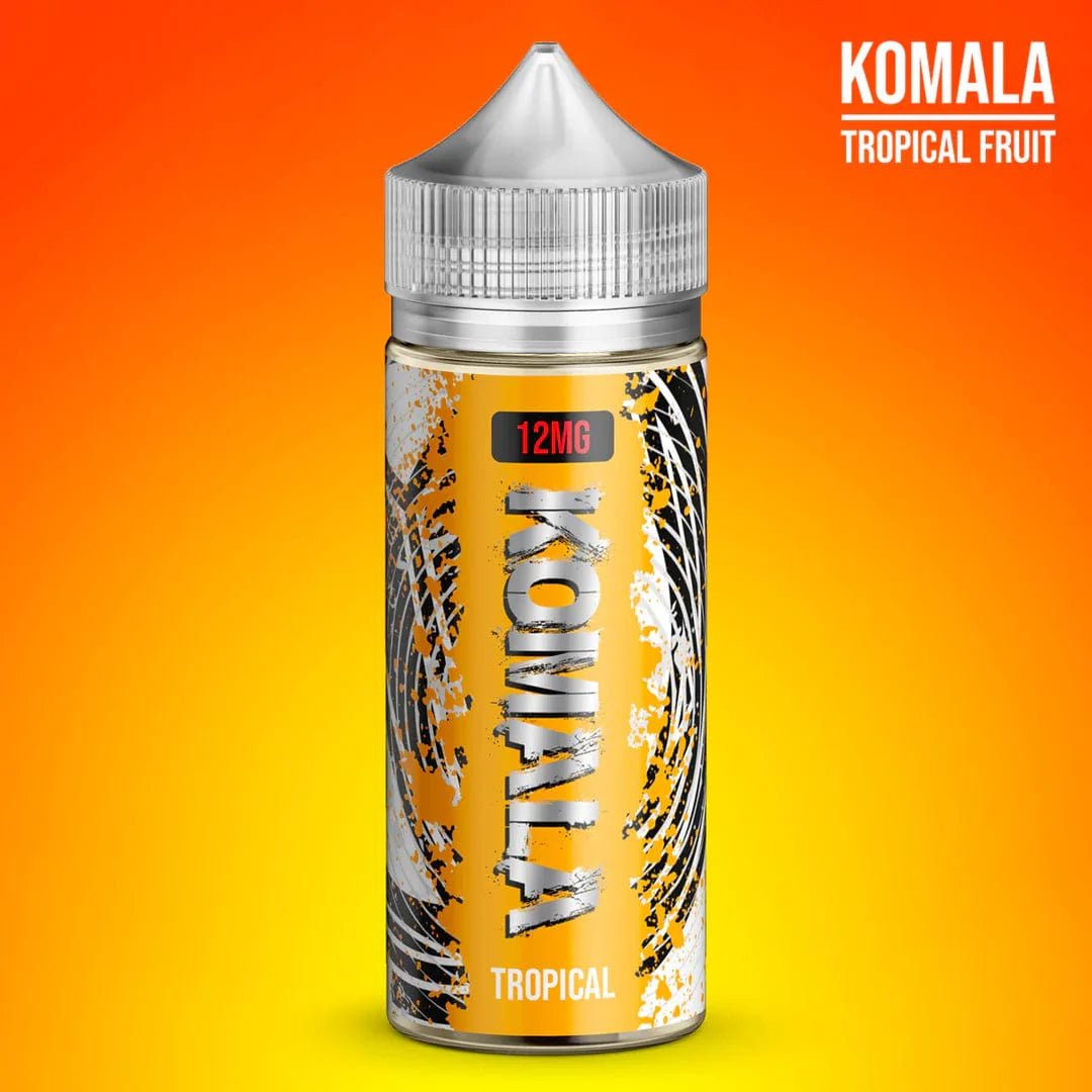 Vapergate Komala 100mL e-liquid bottle with colorful label featuring tropical fruit illustrations.