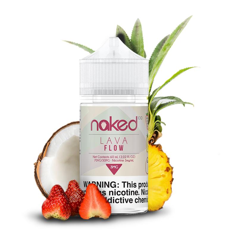 Lava Flow Naked 100 e-liquid bottle, 60mL size, featuring vibrant fruit and creamy flavor profile, designed for vaping.