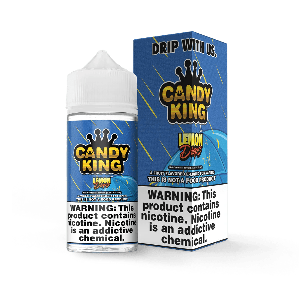 Lemon Drops e-liquid by Candy King in a 100mL bottle, showcasing bright yellow lemon-flavored candy design.