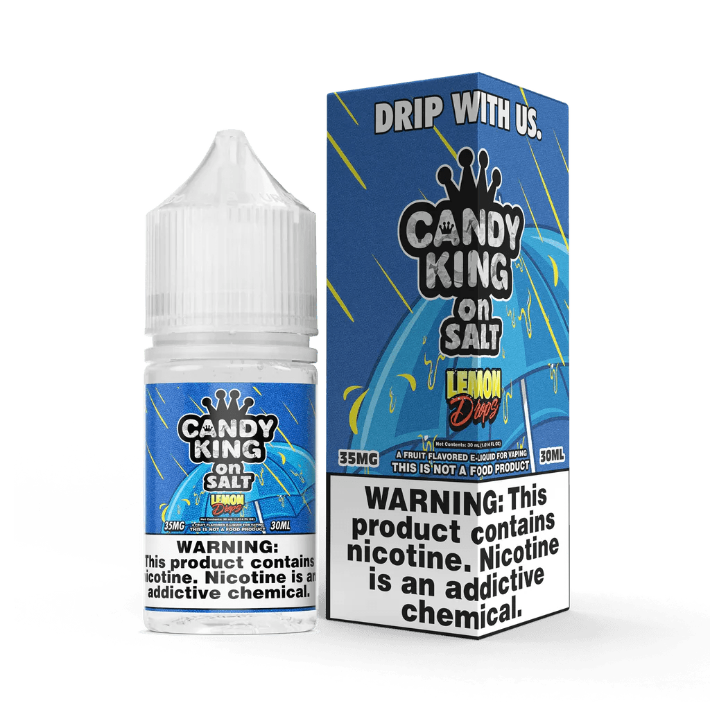 Lemon Drops SALT e-liquid by Candy King featuring a 30mL bottle with bright lemon candies and vibrant yellow packaging