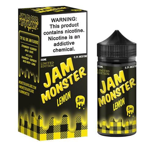 Lemon Jam Monster E-liquid bottle, 100mL, with lemon flavor and colorful label, designed for vaping.