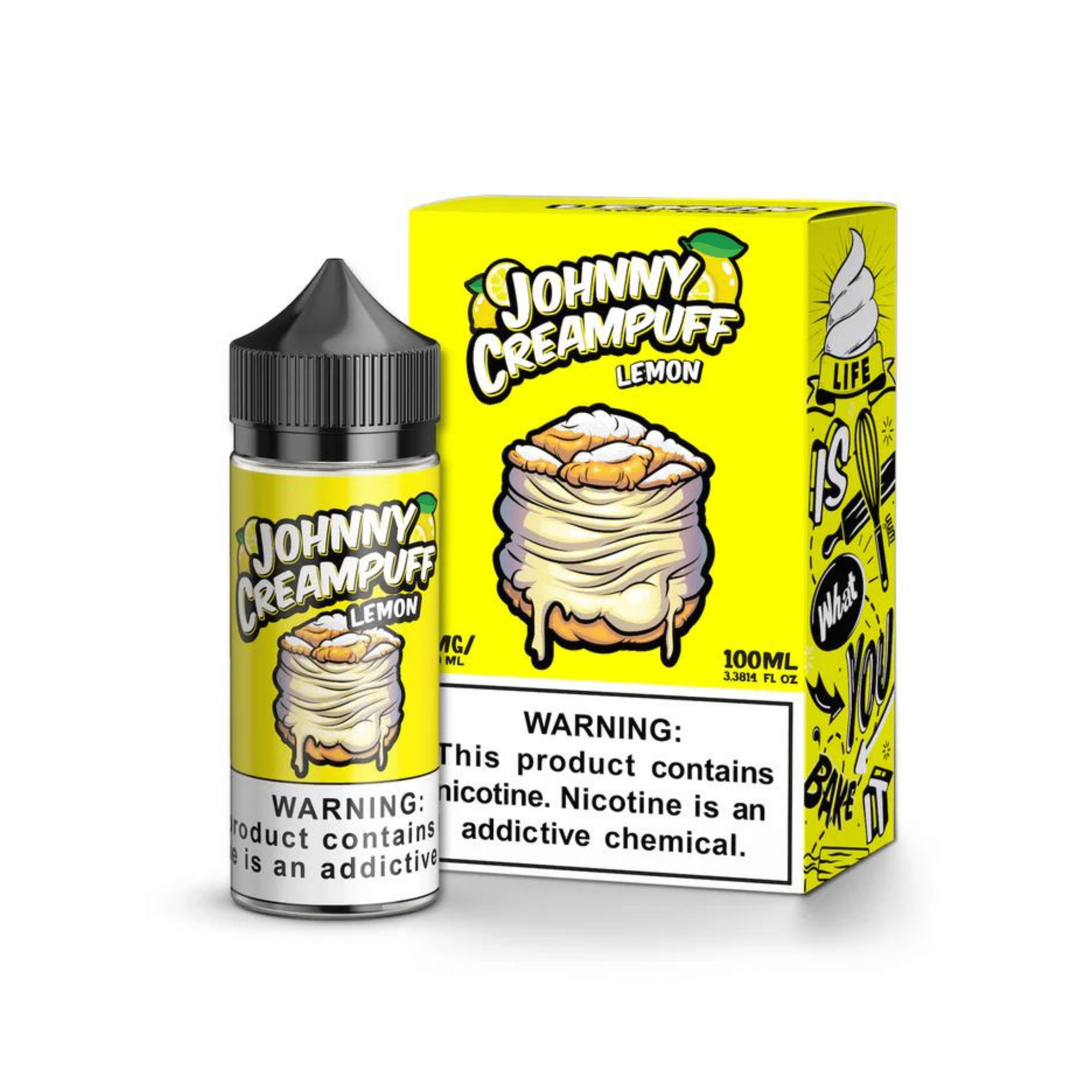 Lemon Johnny Creampuff e-liquid 100mL bottle with bright lemon flavor label and clear plastic packaging.