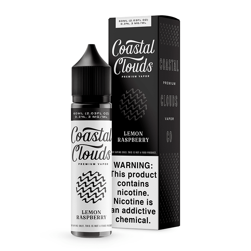 Lemon Raspberry Coastal Clouds e-liquid bottle, 60mL, with vibrant lemon and raspberry flavor label on the packaging.