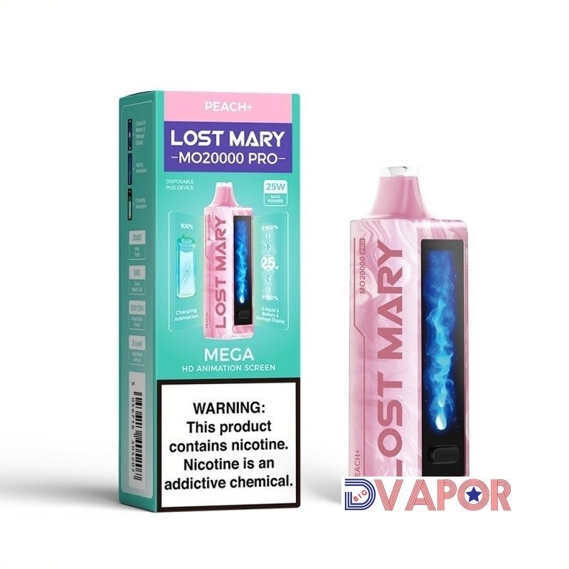Lost Mary MO20000 Pro disposable vape with animated HD screen, showing sleek design and vaping features.
