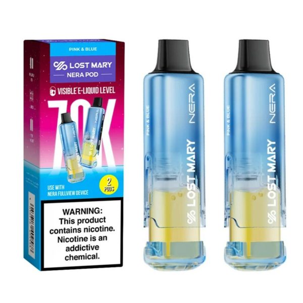 Pink & Blue Lost Mary NERA 70K Disposable Pods 2-Pack next to its packaging.