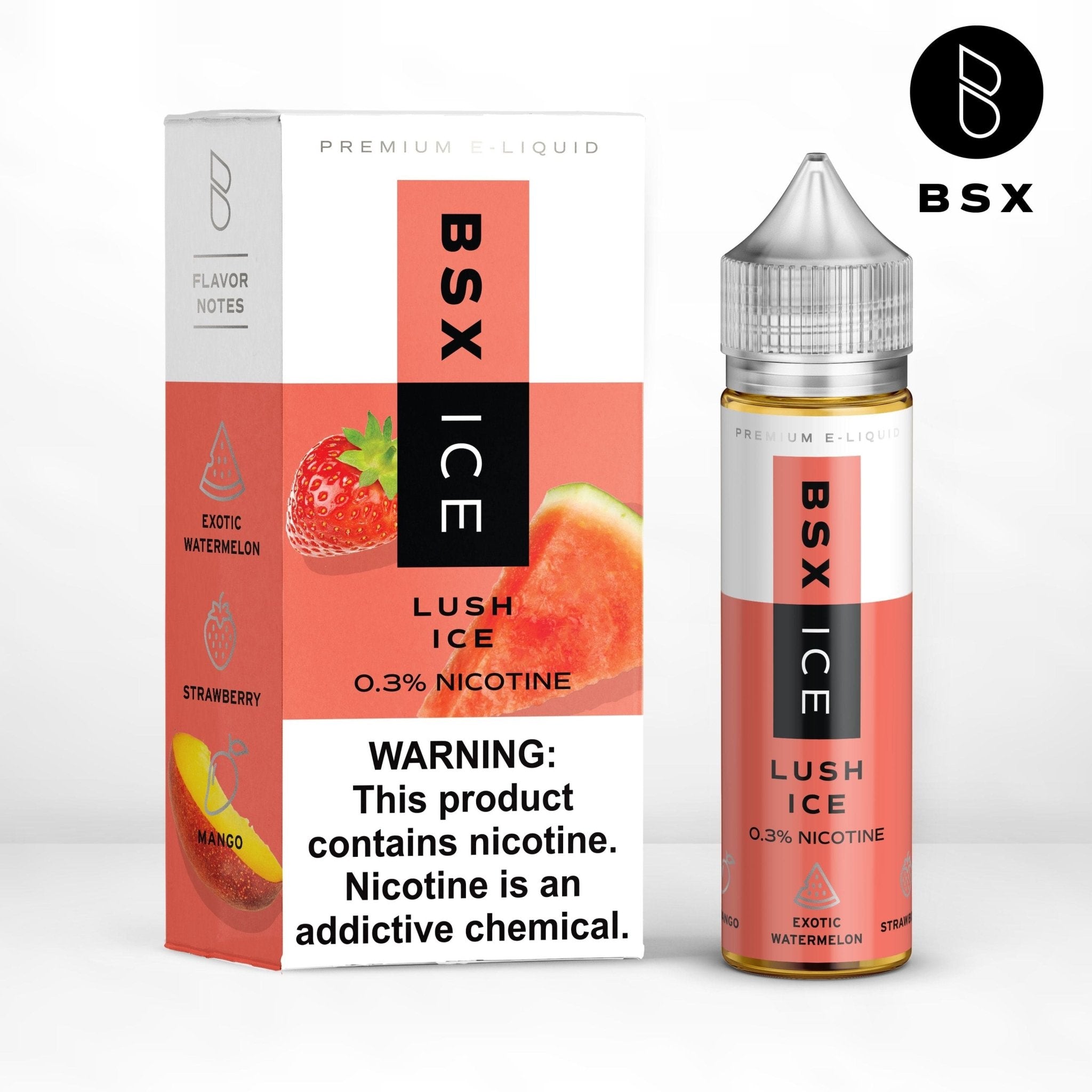 BSX Vapor Lush ICE e-liquid bottle, 60mL, with frosty mint and fruity flavor profile, clear plastic bottle with label.