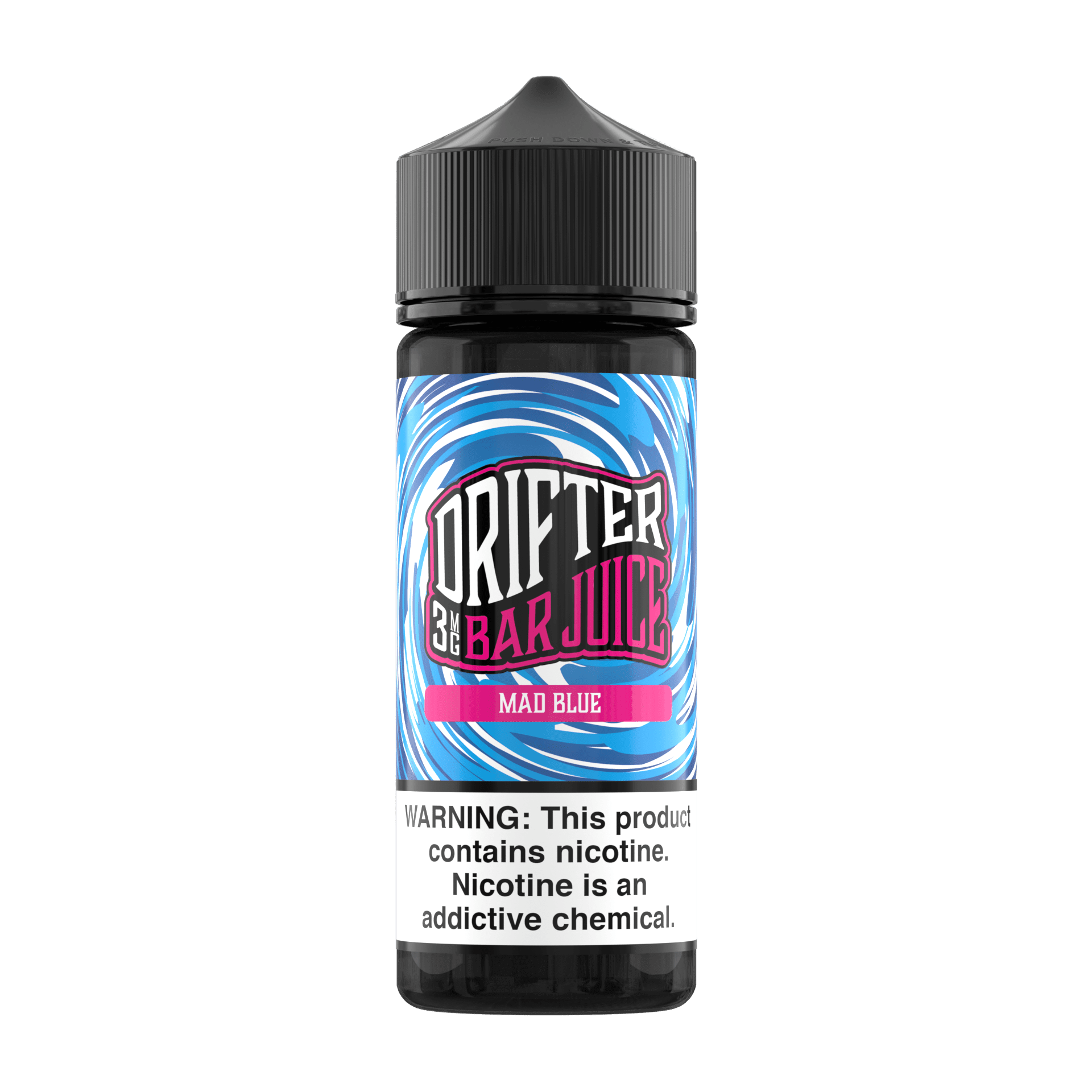 Mad Blue Drifter E-Liquid bottle, 120mL, with blue label and flavor details, showcasing the e-liquid packaging.