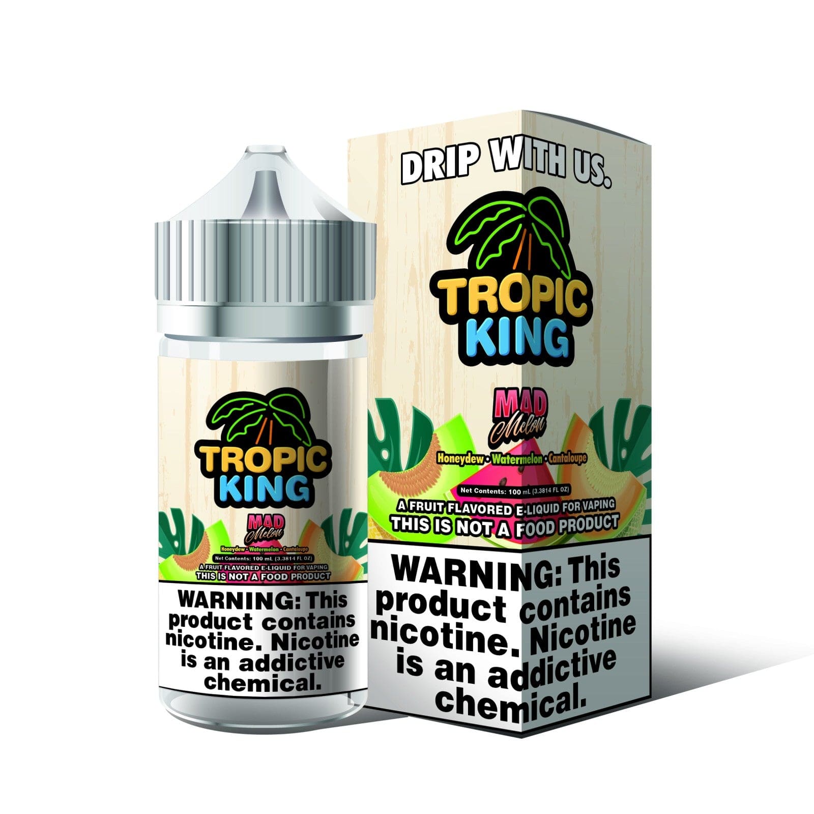 Bottle of Candy King Mad Melon Tropic King e-liquid 100mL with colorful label and tropical fruit graphics.
