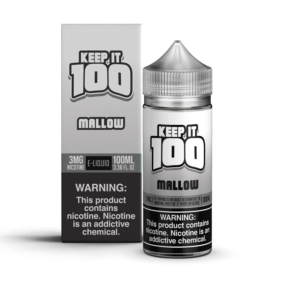 Mallow flavored Keep It 100 e-liquid bottle, 100mL size, with vibrant label and branding for vaping products.