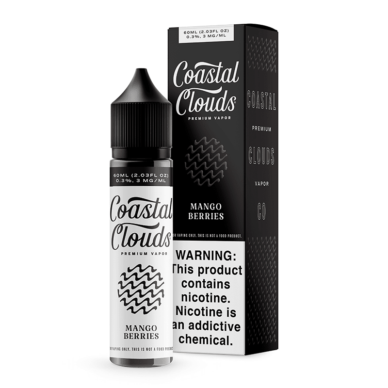 Bottle of Coastal Clouds Mango Berries e-liquid in 60mL bottle with colorful label featuring mango and berry illustrations.