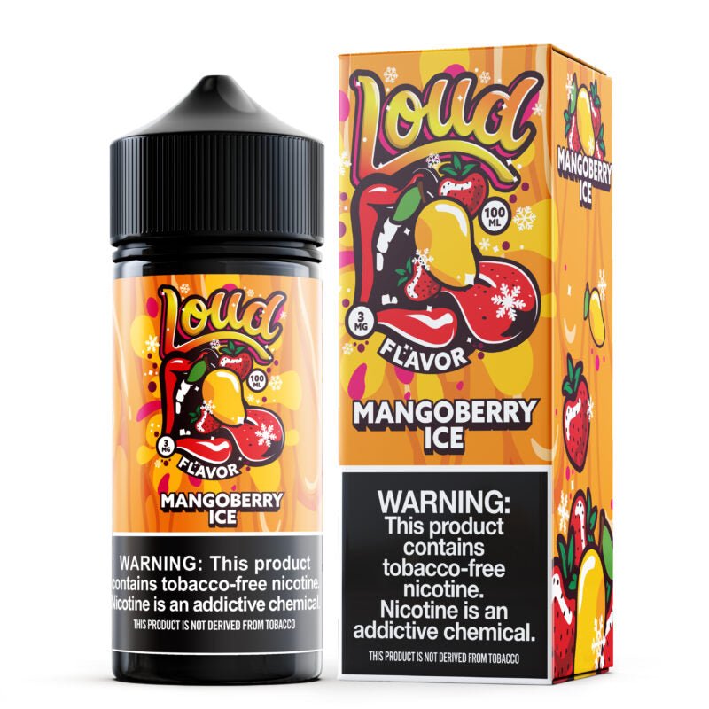 Mango Berry ICE Loud e-liquid 100mL bottle with vibrant label featuring mango and berry flavors and icy mint accents.
