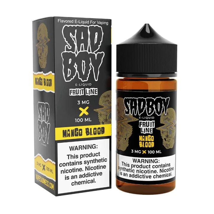 Sadboy Mango Blood e-liquid bottle, 100mL, with vibrant mango and blood orange flavor branding.