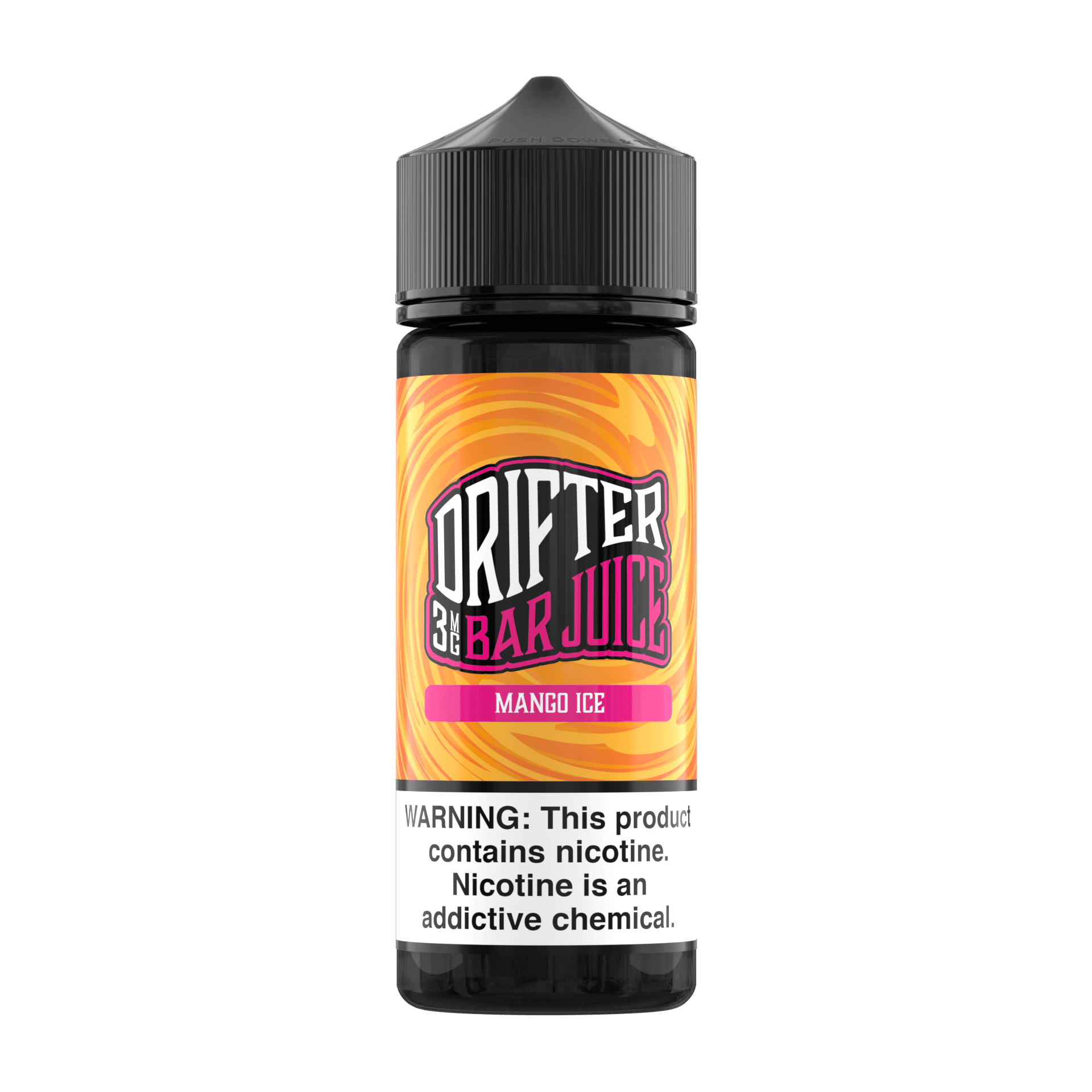 Bottle of Mango ICE Drifter E-Liquid 120mL with tropical mango and cool menthol flavor on a white background.