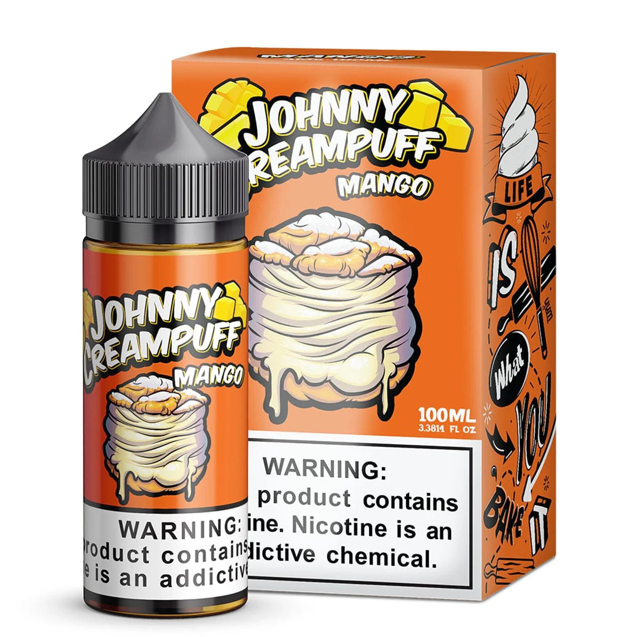 Mango Johnny Creampuff e-liquid bottle, 100mL, with vibrant mango flavor label and branding.
