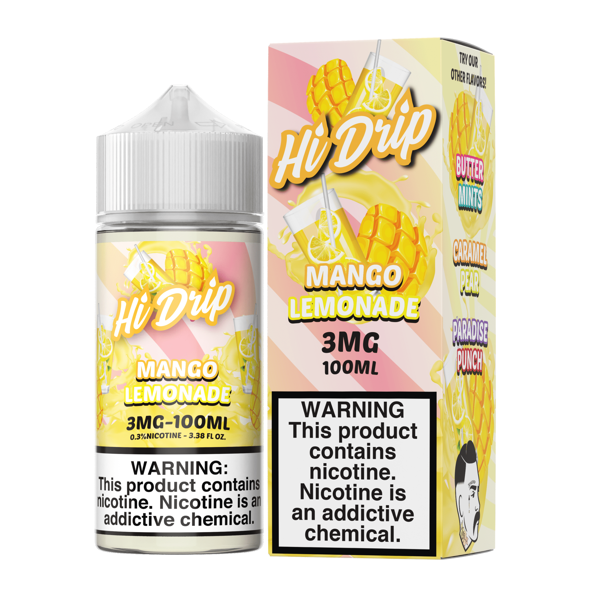 Bottle of Hi Drip Mango Lemonade e-liquid in 100mL size with vibrant mango and lemon graphics.