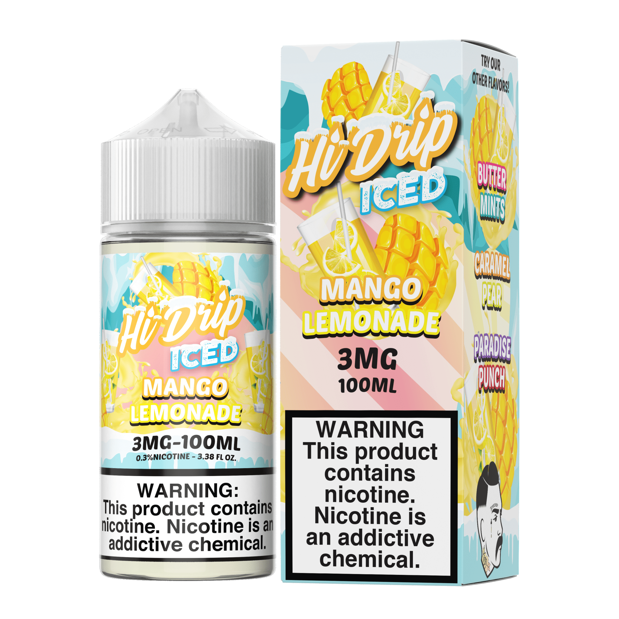 Bottle of Hi Drip Mango Lemonade Iced e-liquid in 100mL bottle with vibrant label, featuring mango and lemon illustrations.