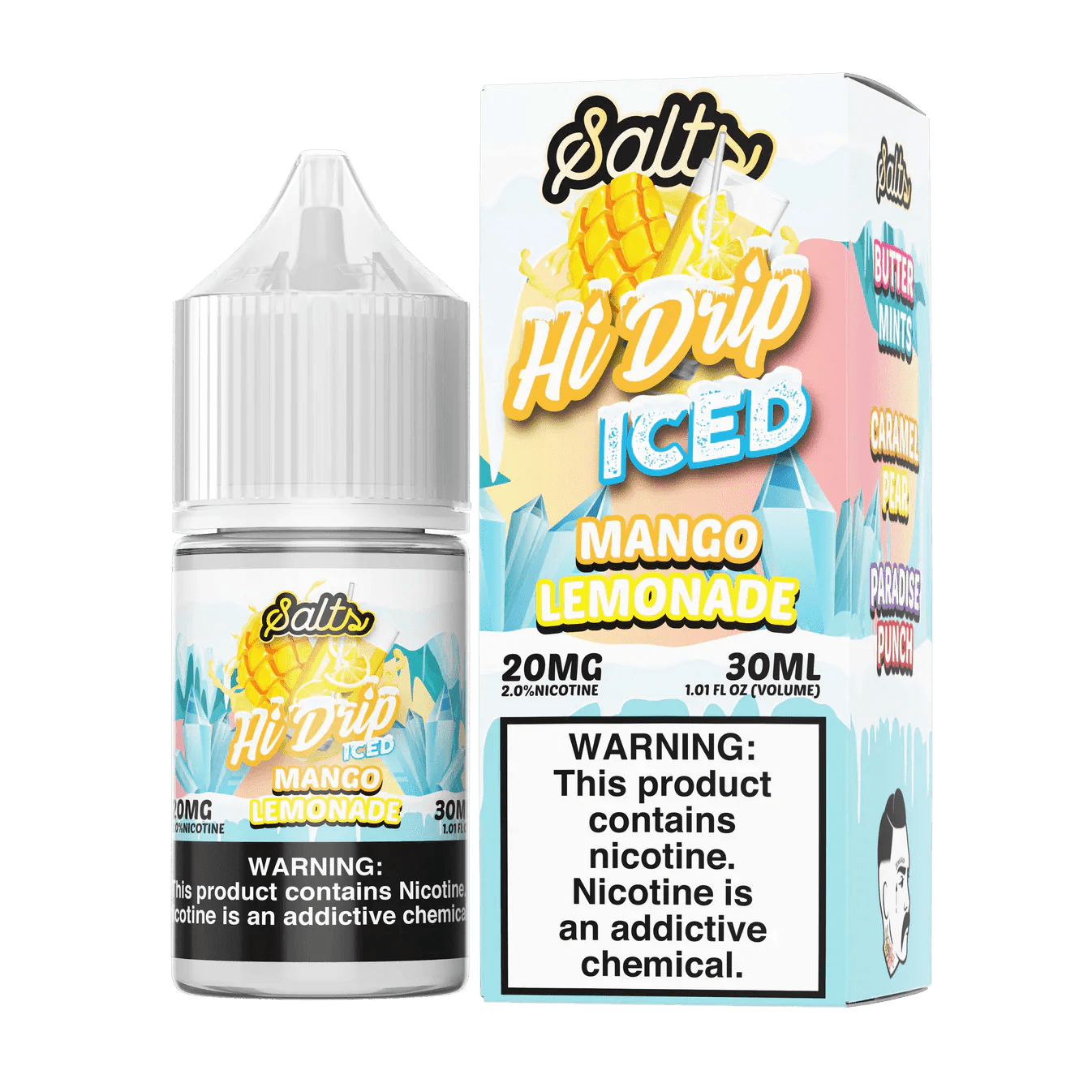 Mango Lemonade Iced Salt e-liquid by Hi Drip, 30mL bottle featuring vibrant mango and lemon flavor with icy finish.