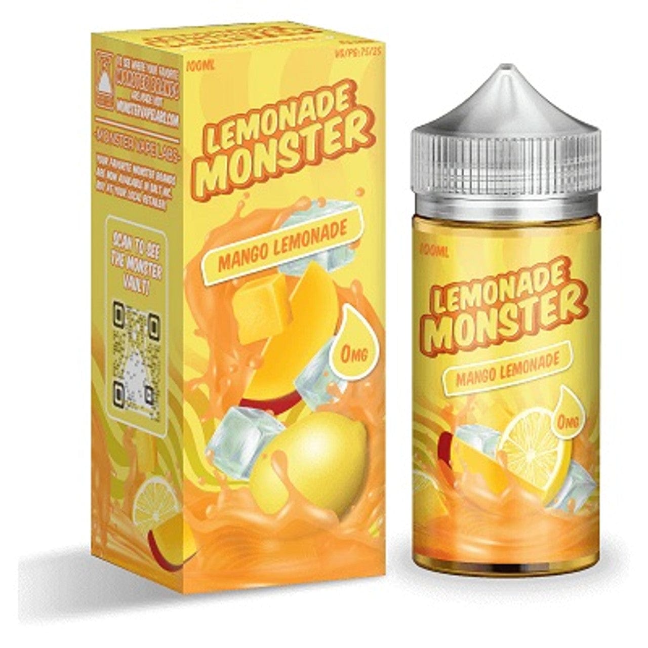 Mango Lemonade Monster e-liquid bottle, 100mL, with vibrant label featuring mango and lemon images for refreshing vape flavor.