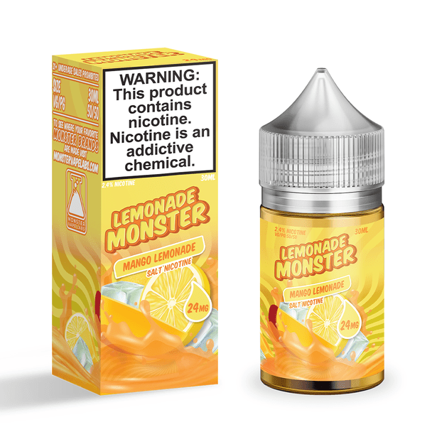 Mango Lemonade SALT e-liquid bottle by Lemonade Monster, 30mL, with bright orange and yellow label featuring mango and lemon images.