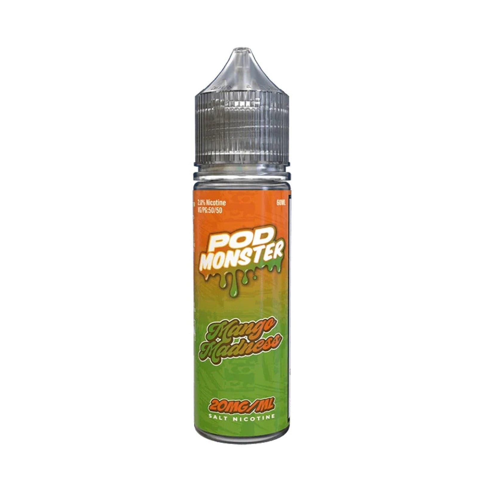 Mango Madness SALT e-liquid by Pod Monster in a 60mL bottle, featuring a vibrant mango flavor for vaping.