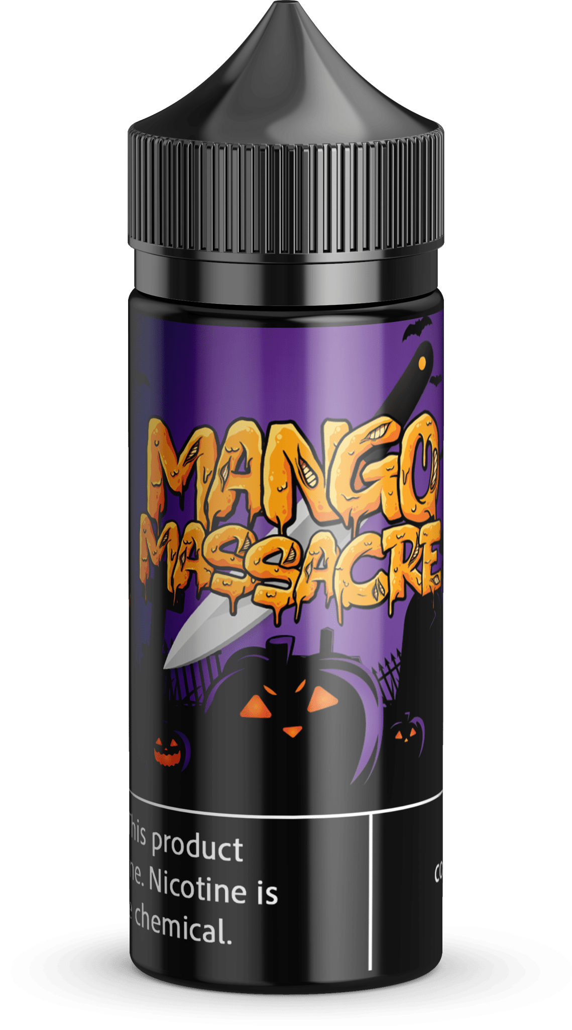 Vapergate Mango Massacre e-liquid bottle, 100ml size, with colorful label featuring mango imagery and vibrant branding.