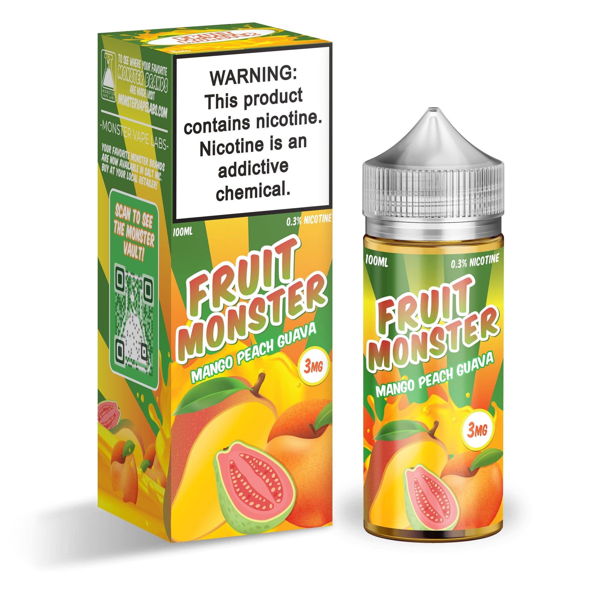 Bottle of Fruit Monster Mango Peach Guava e-liquid in a 100mL bottle with colorful label, showcasing tropical fruit flavors.