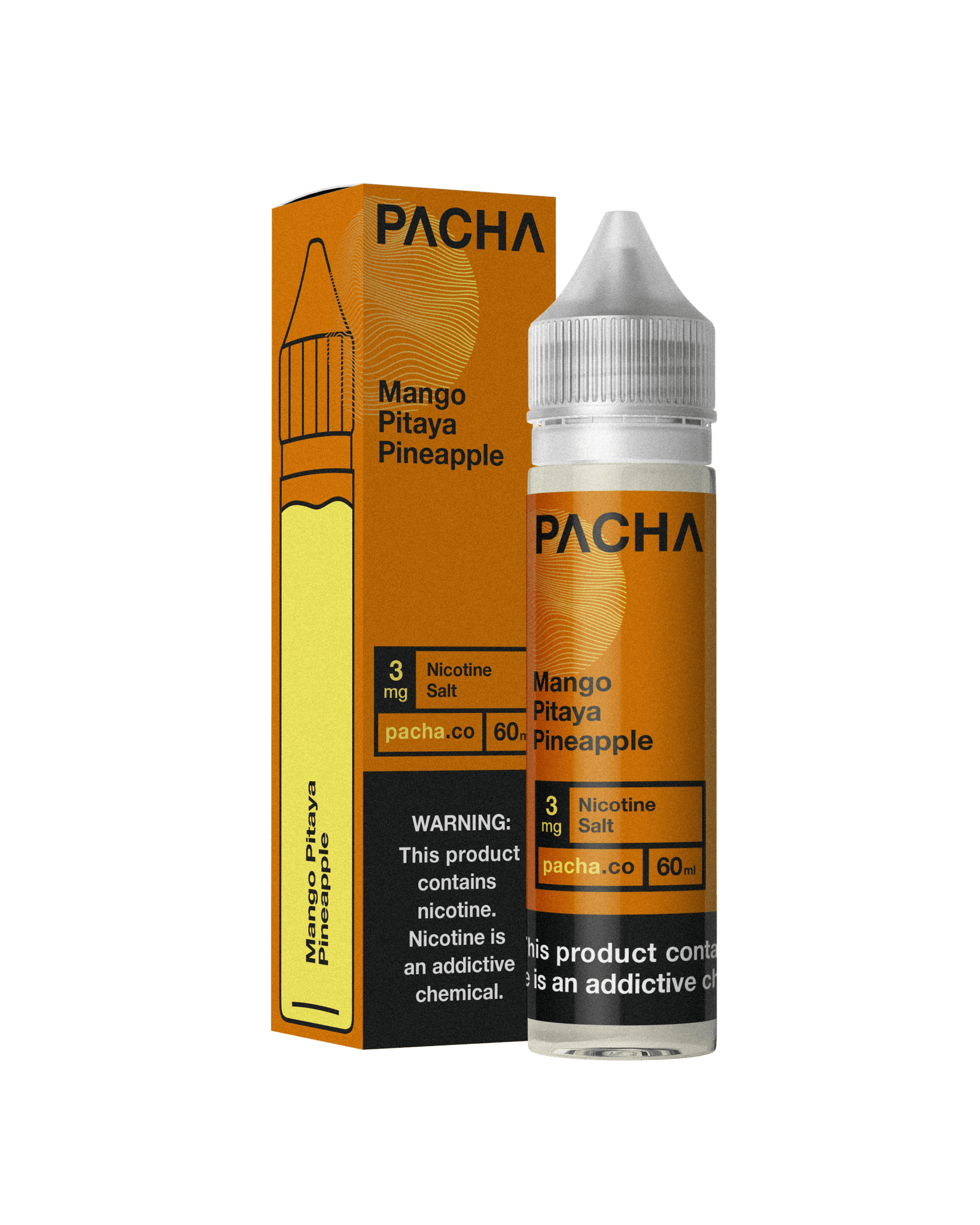 Pachamama Mango Pitaya Pineapple e-liquid bottle, 60mL, featuring vibrant mango, pitaya, and pineapple flavors in a clear plastic bottle.