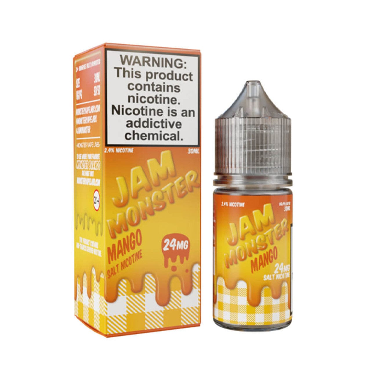 Mango SALT Jam Monster E-liquid bottle with colorful label, 30mL size, for vaping with mango and fruit flavor.