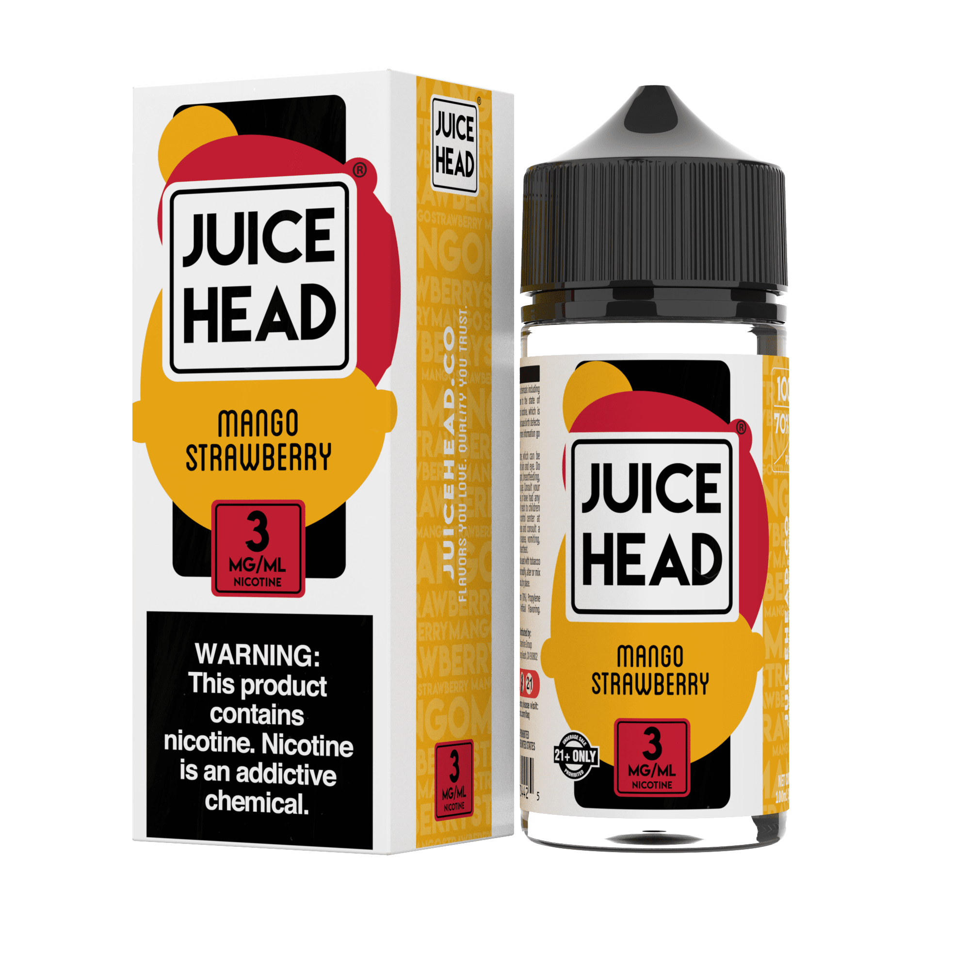Mango strawberry flavored e-liquid by Juice Head in a 100mL bottle, showcasing the vibrant fruit blend.