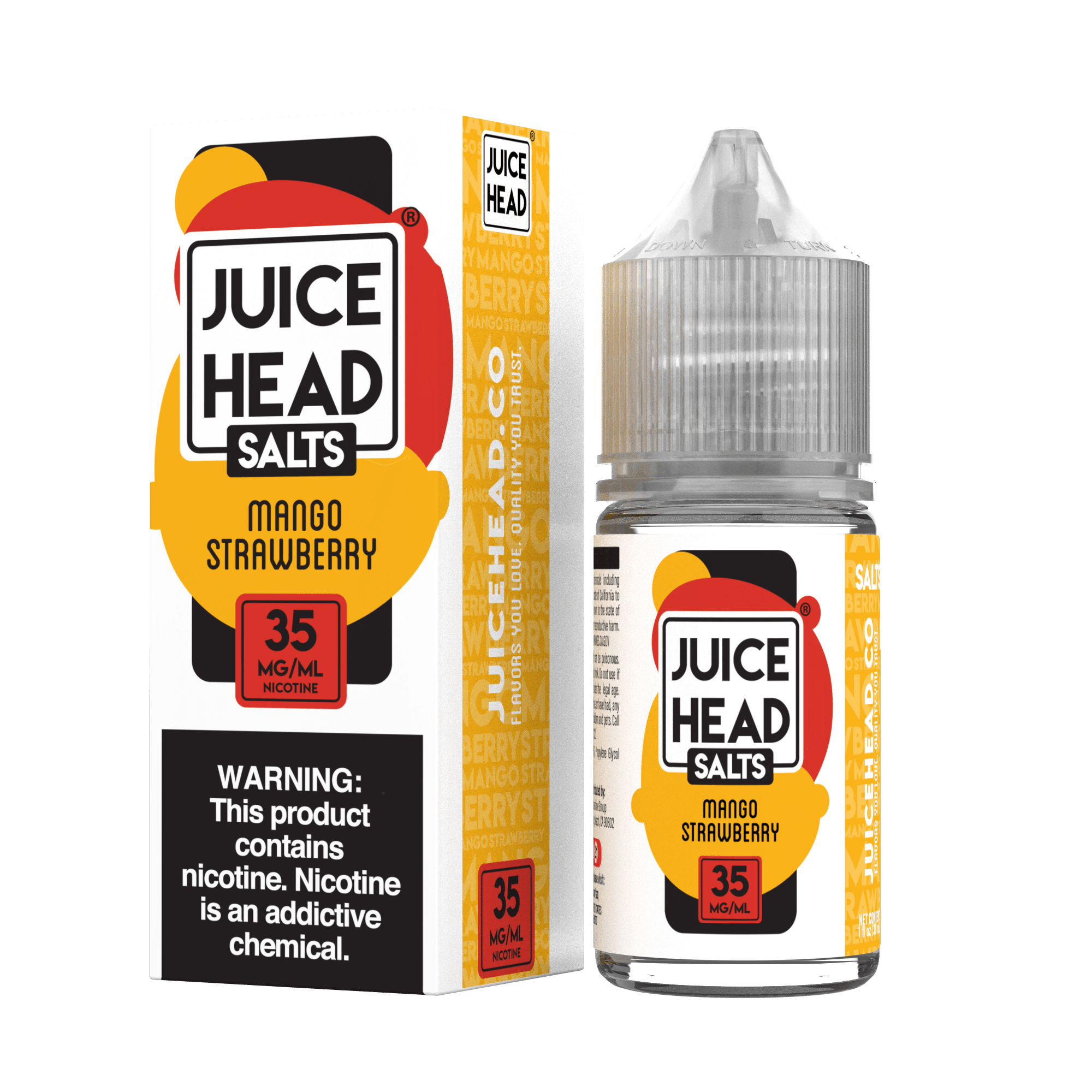 Mango and strawberry salt e-liquid by Juice Head in a 30mL bottle, featuring vibrant fruit flavors for vaping enjoyment