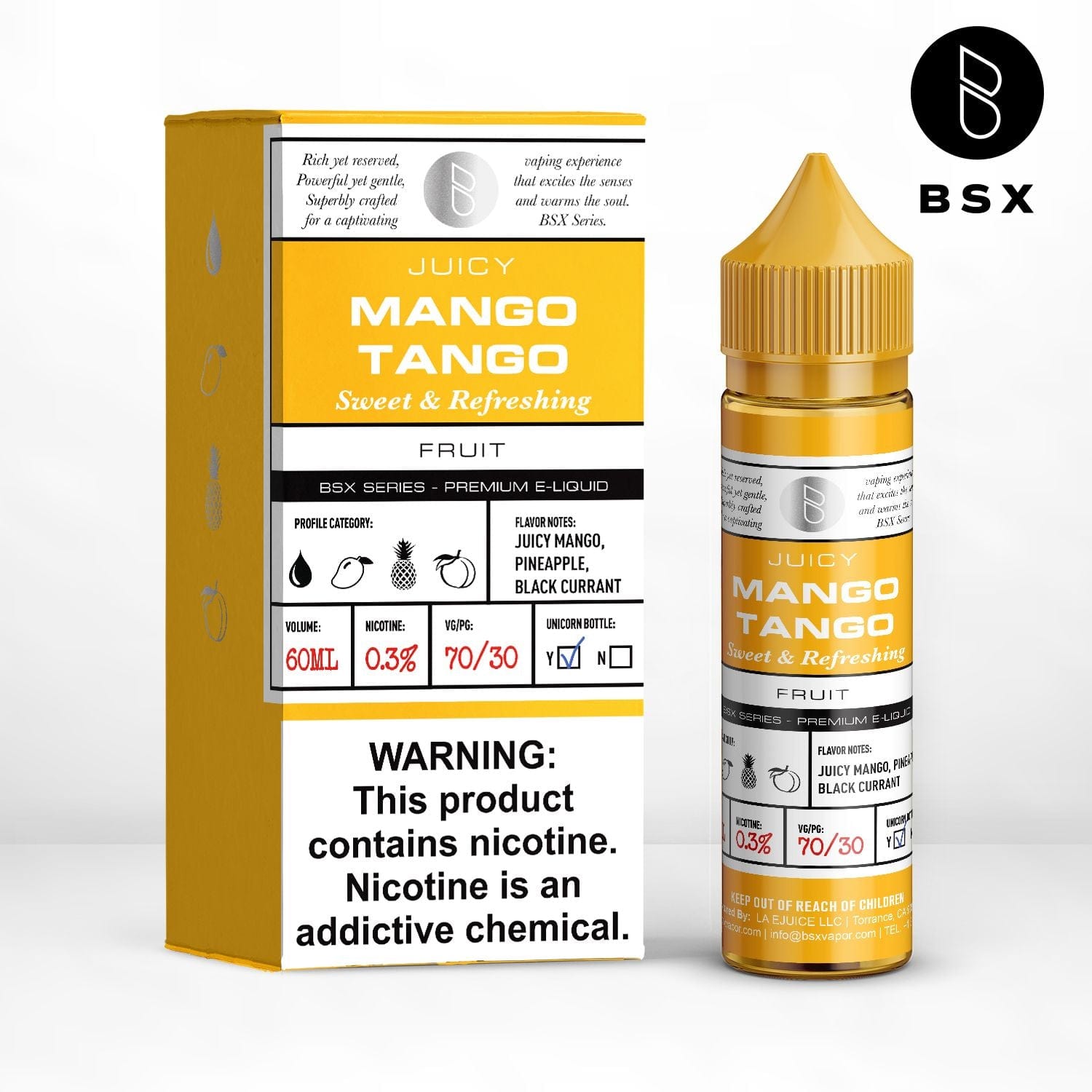 Mango Tango BSX Series 60mL e-liquid bottle from BSX Vapor with vibrant mango artwork on label.