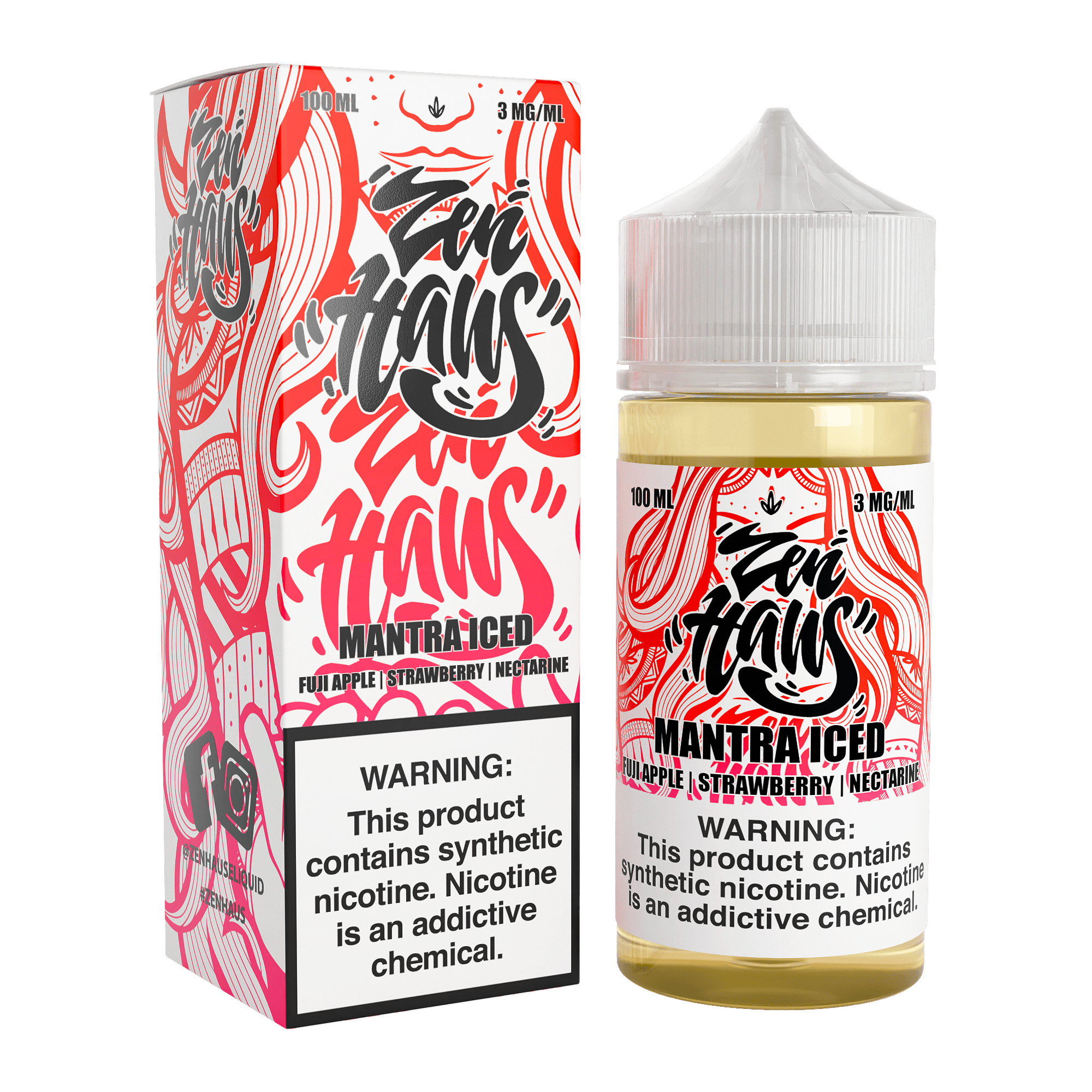 Vape juice bottle labeled Zen Haus Mantra ICED 100mL with 3mg nicotine, featuring a sleek design and cool blue accents.
