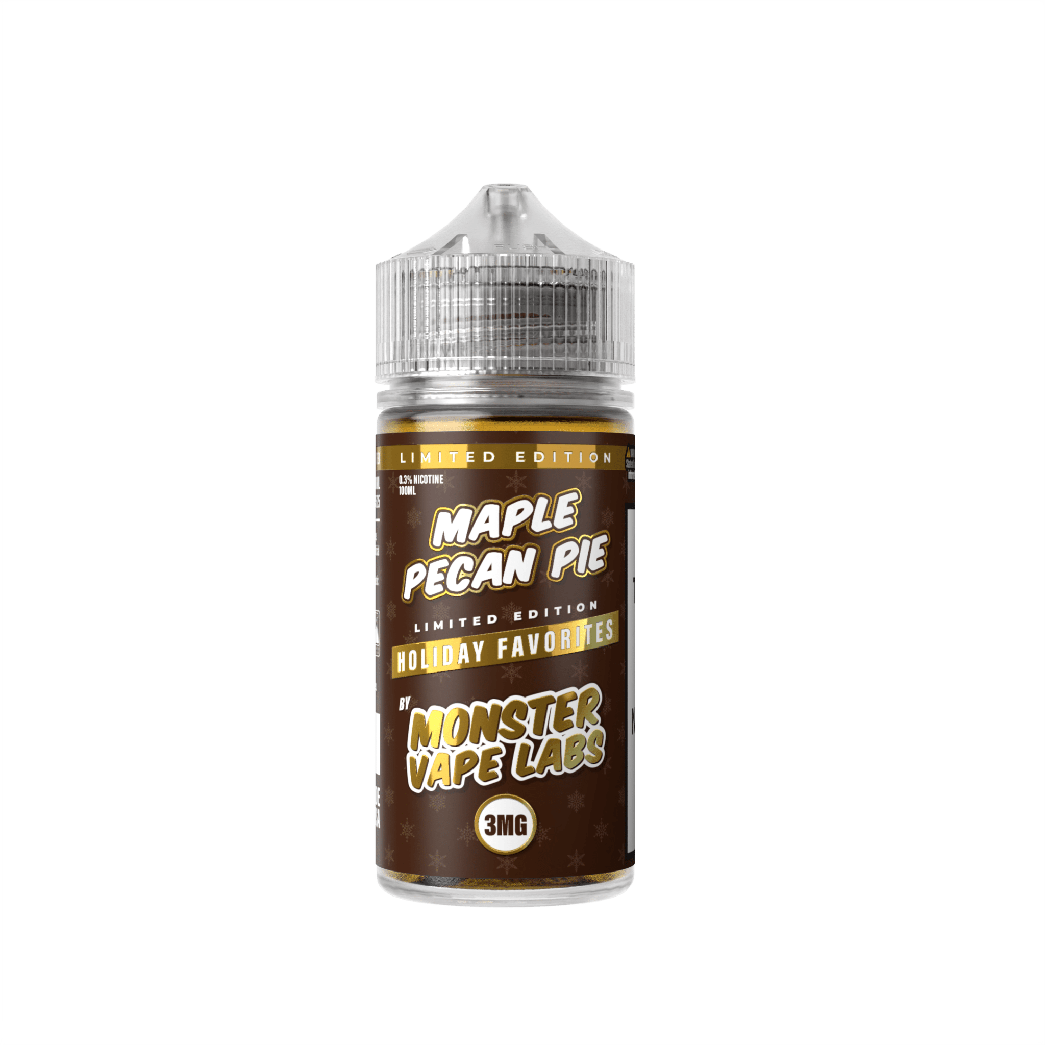 Bottle of Monster Vape Labs Maple Pecan Pie e-liquid in 100mL size, featuring a label with pie and maple syrup imagery.