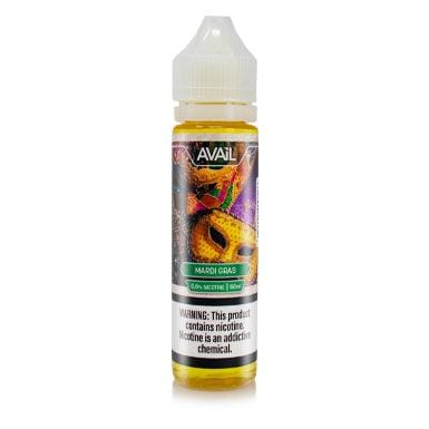 Mardi Gras AVAIL Vapor 60mL e-liquid bottle with colorful label featuring festive Mardi Gras design and branding.