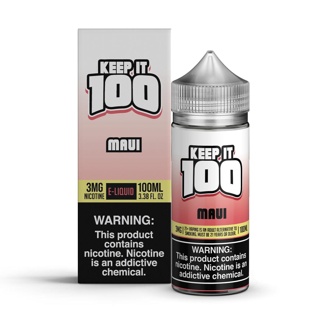 Maui Keep It 100 e-liquid bottle, 100mL size, with colorful label and branding, designed for vaping enthusiasts.